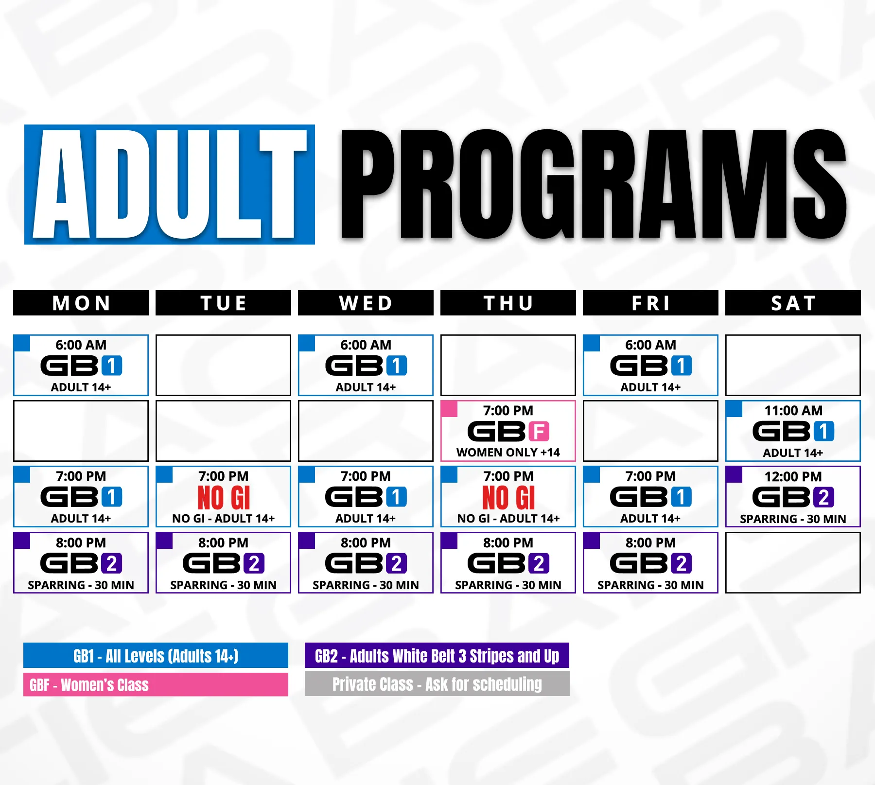 Gracie Barra Andover adults weekly schedule
